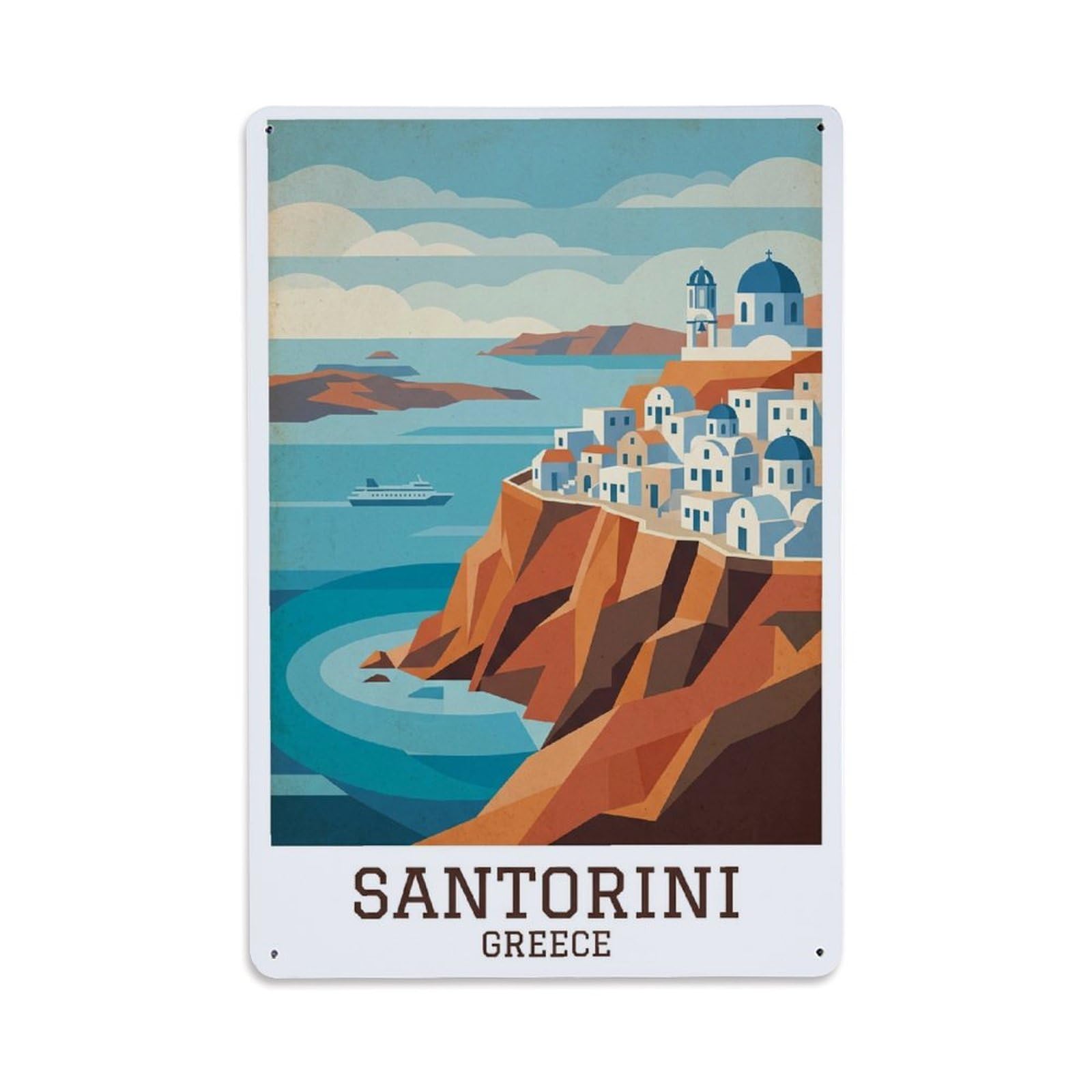 Fyrn Style Metal Tin Sign Vintage Travel Santorini Greece Majestic