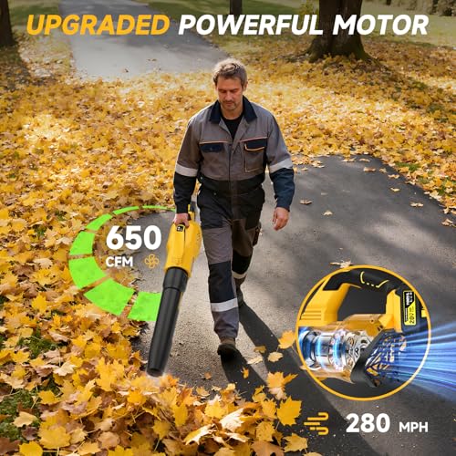 Image of Leaf Blower Cordless, 650CFM Electric Leaf Blowers with 2 x 5.2Ah Batteries and Charger, 3 Speed Modes, 1 x Adjustable Shoulder Strap, Powerful Blowers for Lawn Care, Patio Cleaning, Blowing Leaves