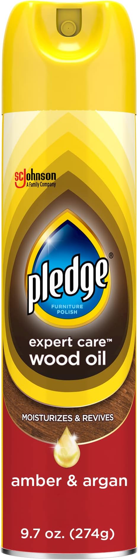 Pledge Moisturizing Wood Oil, Furniture Reviving and Protecting Conditioner and Dusting Spray, Revitalizes Wood, Sealed Leather and Laminate, Made with Mineral Oils - Amber & Argan Scent, 9.7oz