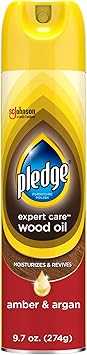 Pledge Moisturizing Wood Oil, Furniture Reviving and Protecting Conditioner and Dusting Spray, Revitalizes Wood, Sealed Leather and Laminate, Made with Mineral Oils - Amber & Argan Scent, 9.7oz