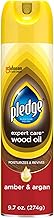 Pledge Moisturizing Wood Oil, Furniture Reviving and Protecting Conditioner and Dusting Spray, Revitalizes Wood, Sealed Leather and Laminate, Made with Mineral Oils - Amber & Argan Scent, 9.7oz