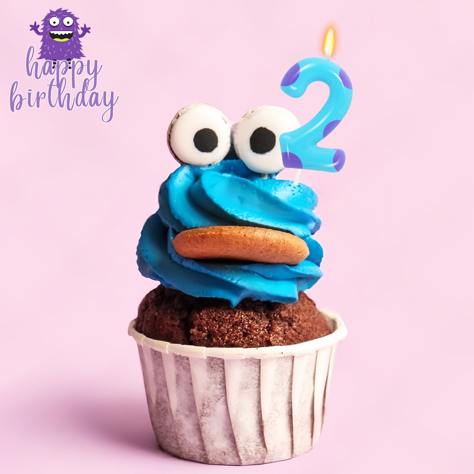 Velas de cumpleaños con temática de monstruo número 2, 2 velas de cumpleaños para niños y niñas, decoración de fiesta temática de dibujos animados