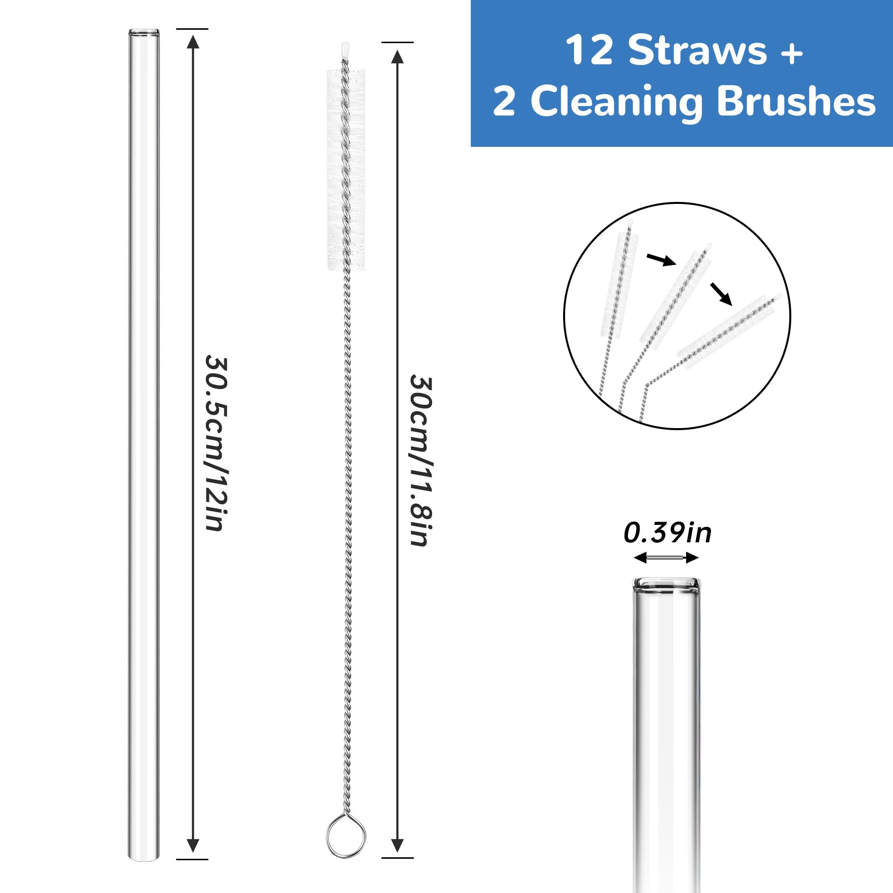 NiHome Lot De 12 Pailles Réutilisables En Verre Transparent De 30