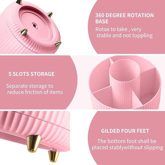 360° Rotating Makeup Organiser, Make Up Brush Holder with 5 Compartments, Desk Storage Container for Bedroom Dressing Table Cosmetics Organizer, Office Stationery Storage, Desktop Pen Holders (Pink)