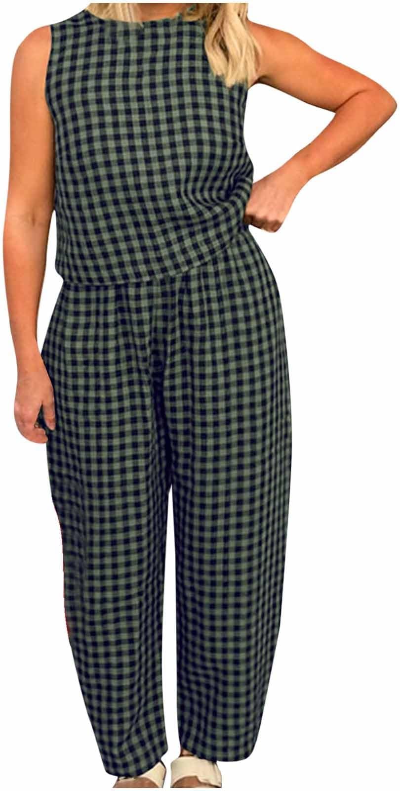 NSICBMNO Co Ord Sets For Women Summer Lounge Wear Sets Plaid Pyjamas Sleeveless Vest Tops Baggy Trousers 2 Piece Outfits Checked Pj Bottoms Cotton Tops Casual Tracksuit Gym Outfits Streetwear