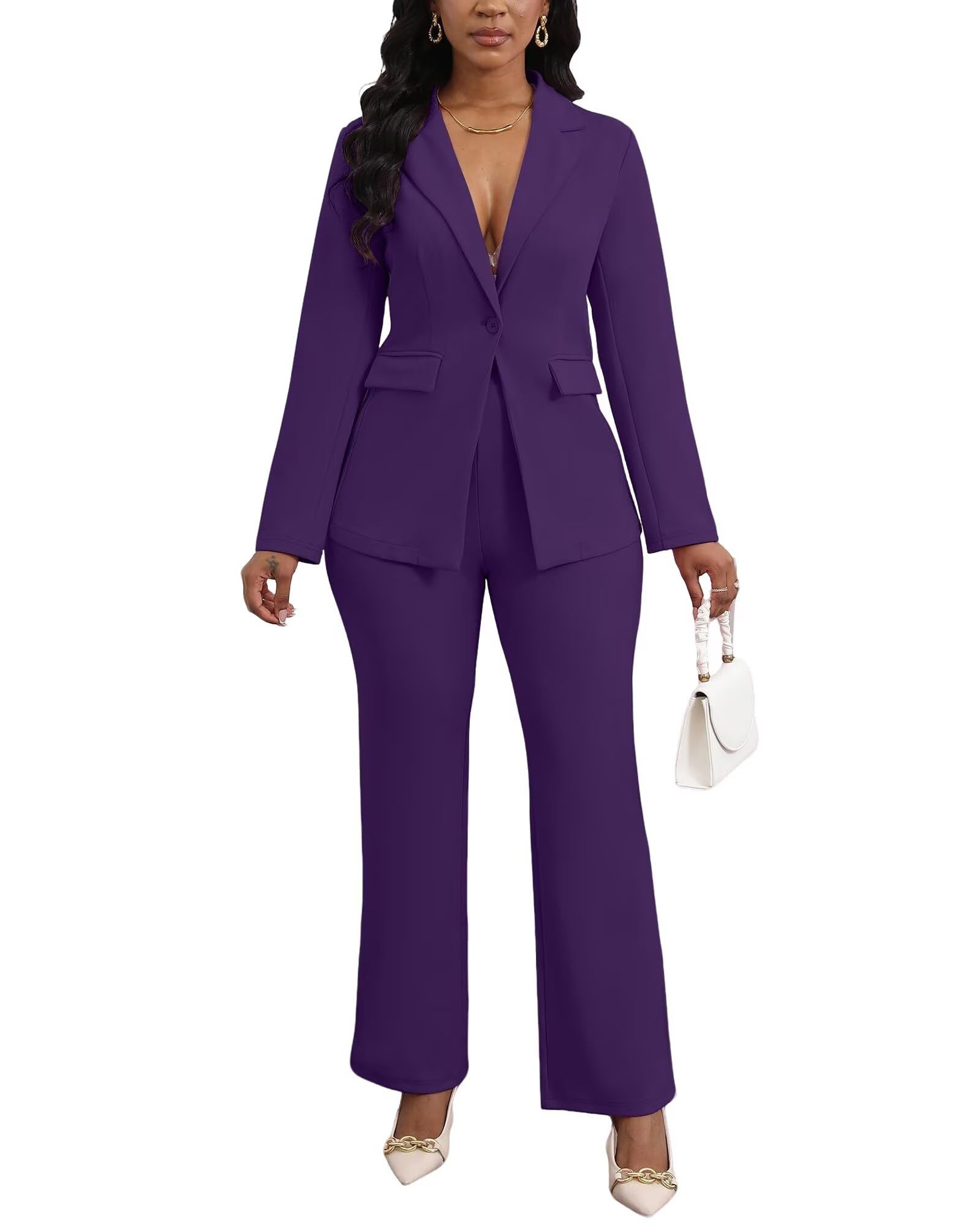 ekaliy Womens 2 Piece Pant Suits Dressy Blazer Jacket Flare Pants Set Casual Business Suiting Formal Work Office Outfits-picture-13