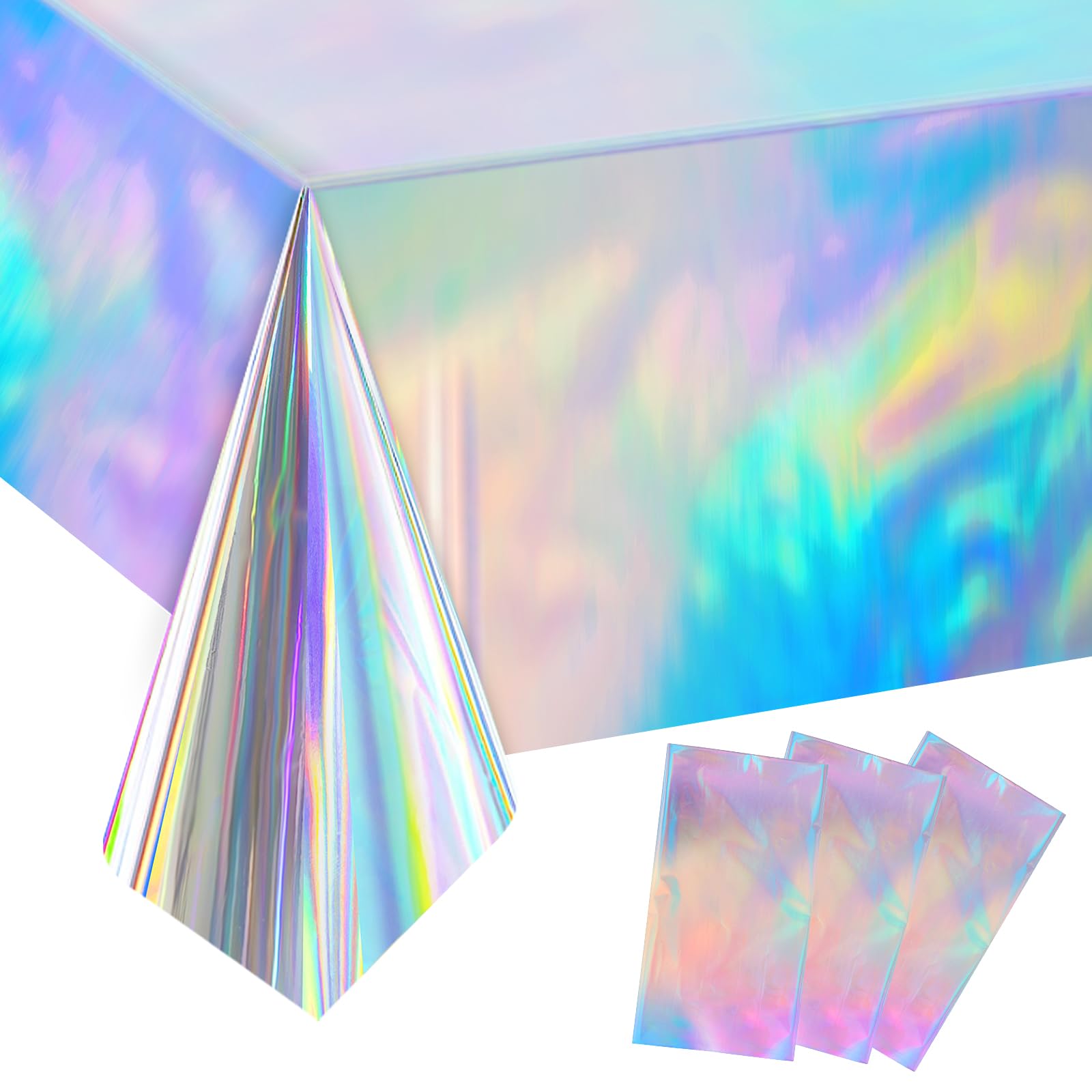 Dimeho 3 Pack Iridescence Plastic Tablecloths, Laser Tablecloth Holographic Foil Rectangle Table Covers Shiny Iridescent Disposable Tablecloth for Party Decoration Birthday Bridal Wedding
