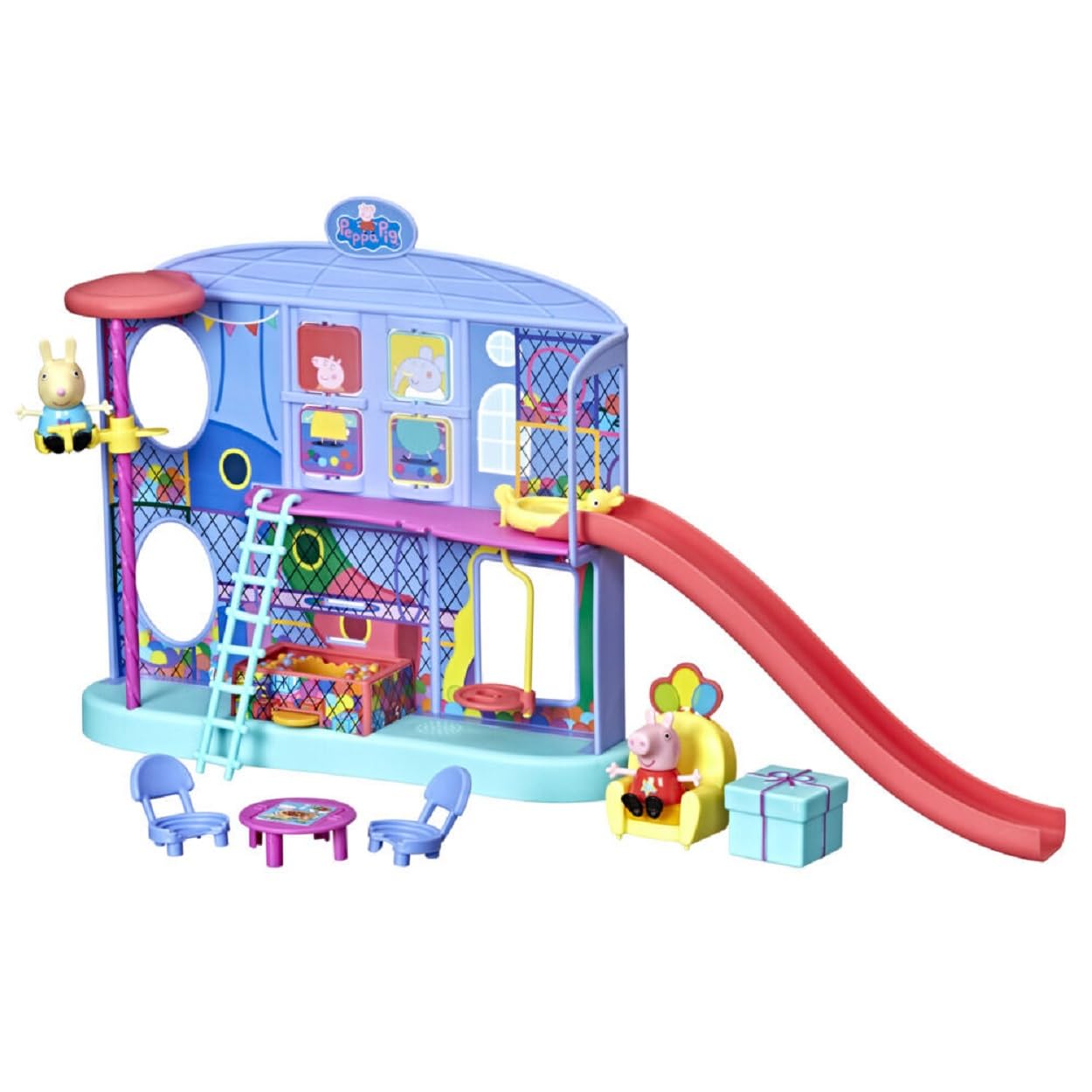 Hasbro PEPPA PIG Playset CENTRO DIVERTIMENTI con 2 figure di 7cm Peppa e Rebecca Coniglio con 8 accessori - riproduce canzoni e frasi divertenti