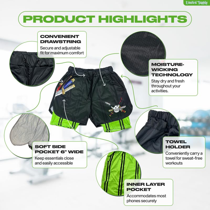 CROWN Anime Shorts - Breathable Mesh Stretch Compression Gym Short with Pockets and Towel Holder (XL-GreenZoro)3