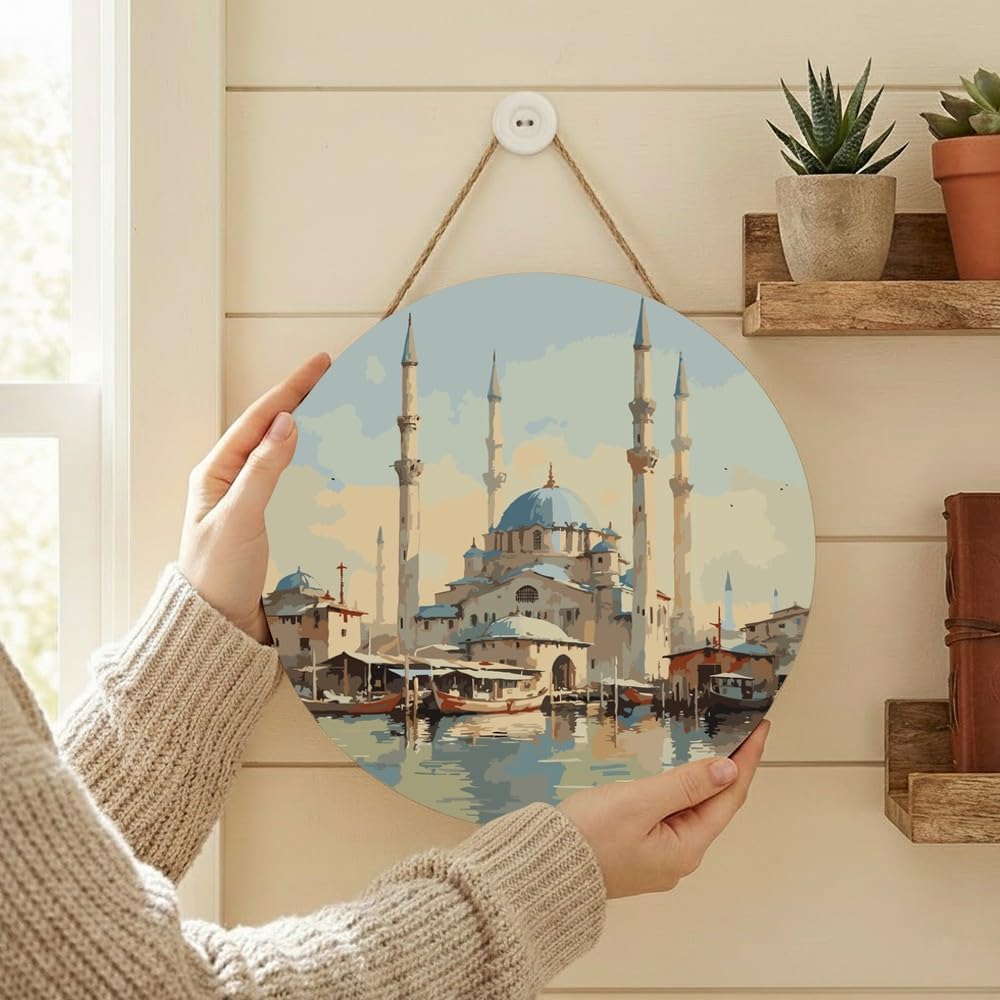 Cityscape Travel Paint by Numbers Kit for Adults on Wood Board – DIY Istanbul Skyline and Boats Wood Craft Painting Kit, 12 in Round, Acrylic Paint Set, Beginner-Friendly, Relaxing Home Decor Gift