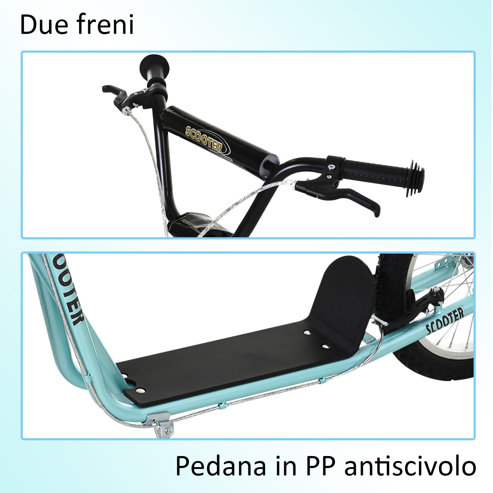 HOMCOM Monopattino con Manubrio Regolabile, Ruote Grandi, 2 Freni e Telaio in Acciaio, Azzurro, 139x58x90-96cm Max 100kg