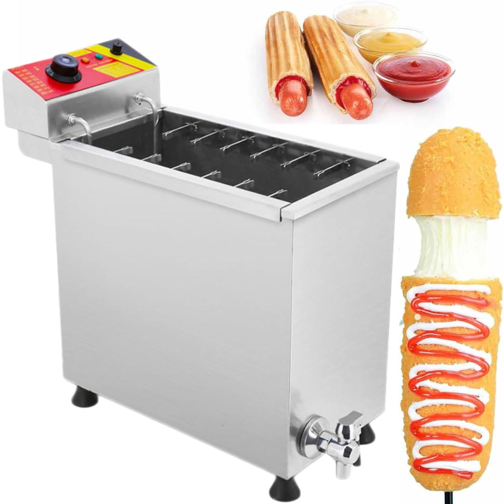 Cheese Mozzarella Hot Dog Sticks Fryer Electric Deep Korean Corn Dog Machine - Commercial Automatic 12 Hooks Large Capacity Snack Maker