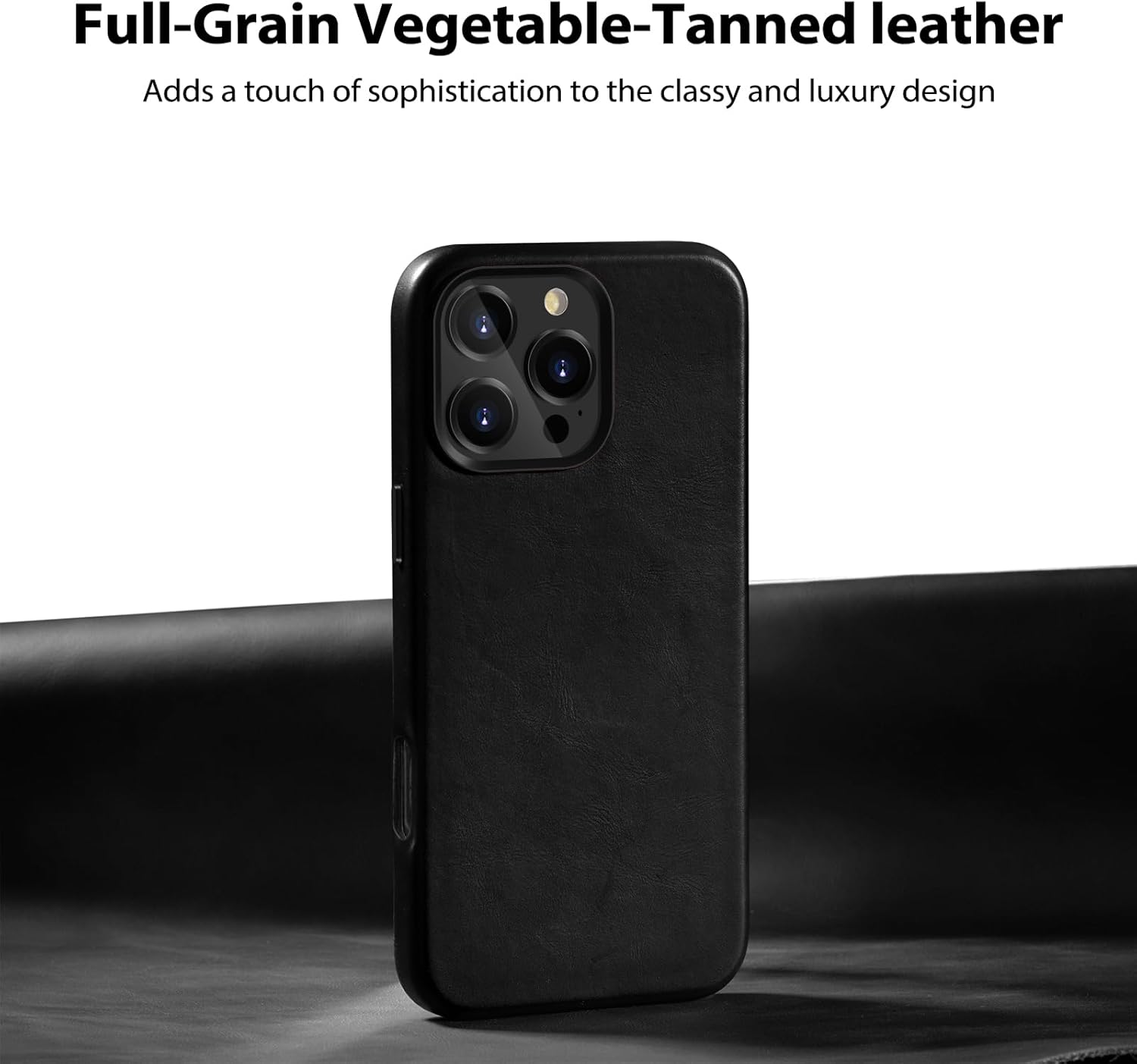 Belemay Compatible with iPhone 16 Pro Leather Case, Compatible with MagSafe, Premium Full-Grain Vegetable-Tanned Smooth Leather, Metal Buttons & Camera Bump Frame, Classy Luxury Cover (6.3") Black - Image 2