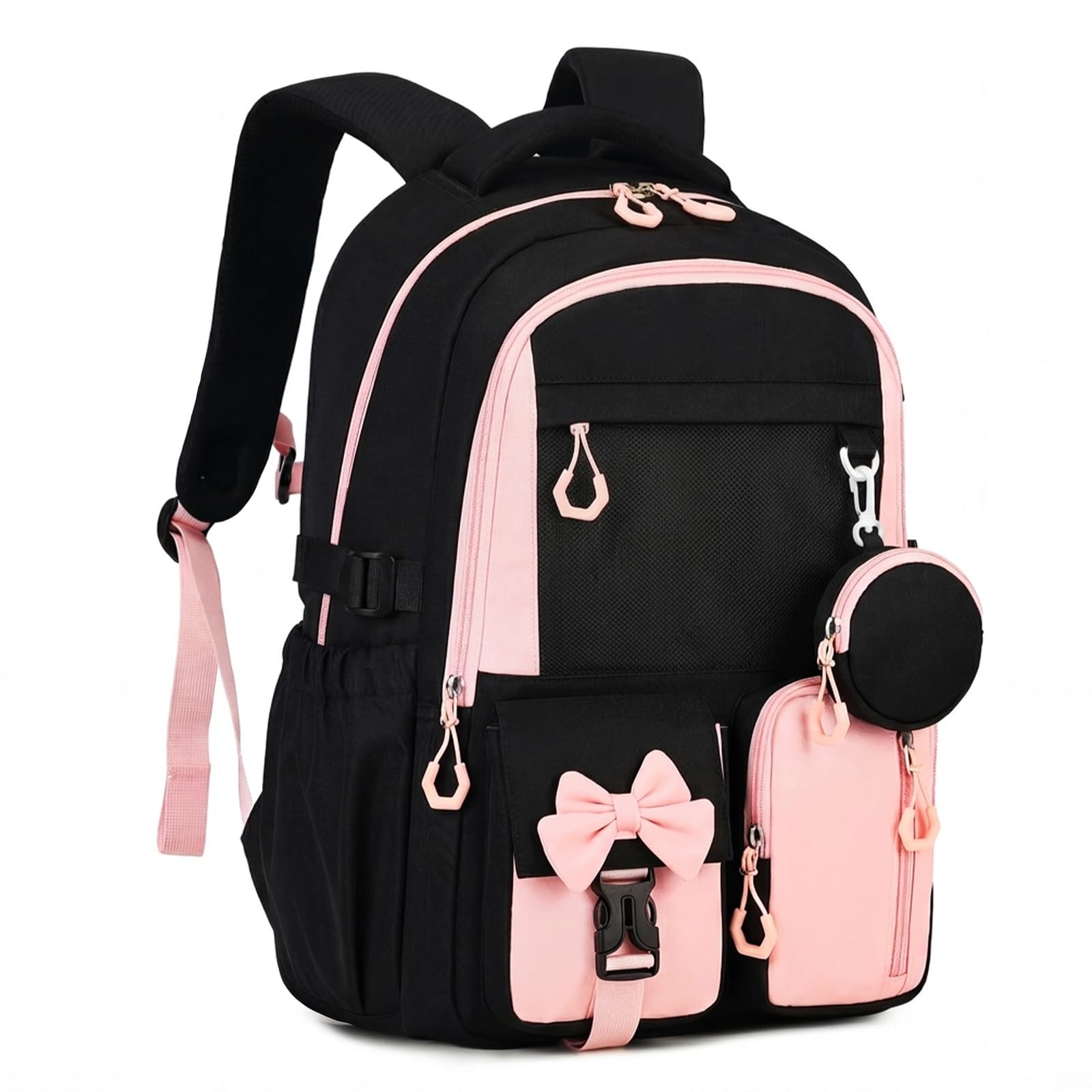 Amythe Schulrucksack für Mädchen 3.-7. Klasse mit Trolley-Gurt, Rosa | Wasserdichter Schultasche für Mädchen 9-16 Jahre mit Reflektoren & Münzbeutel, Leichter Modischer Rucksack für Schule Reise