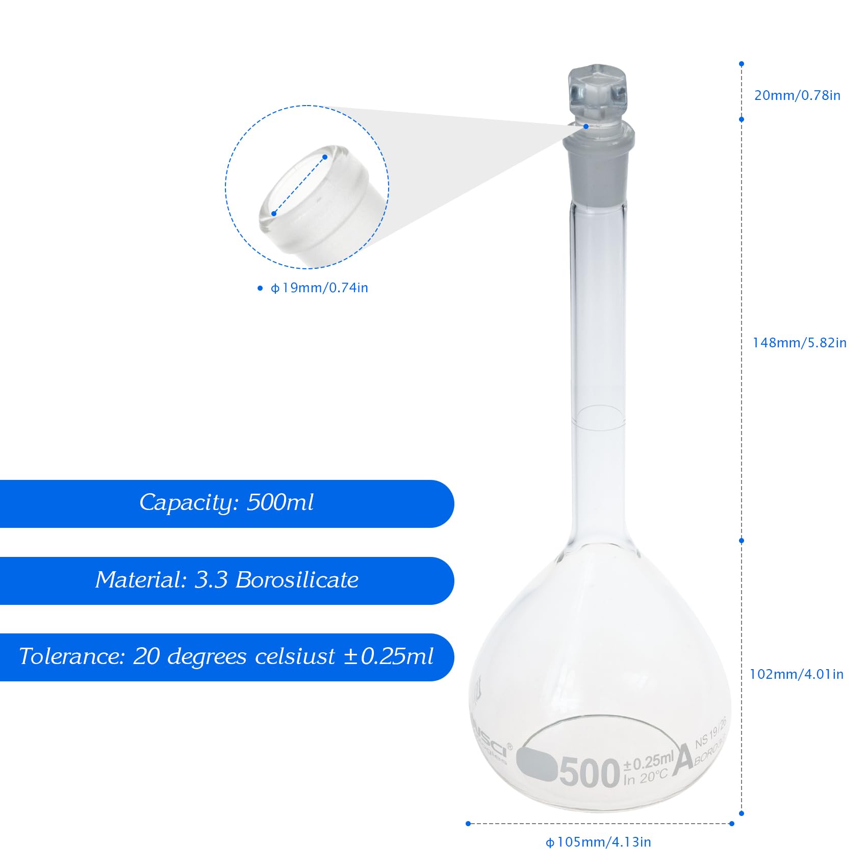 ALWSCI 2 sztuki kolby objętościowe 500 ml, szkło globusowe ze szklaną zatyczką, szkło borokrzemowe 3,3, klasa A, białe stopniowanie, kolby miarowe do laboratorium szkolnego projektu