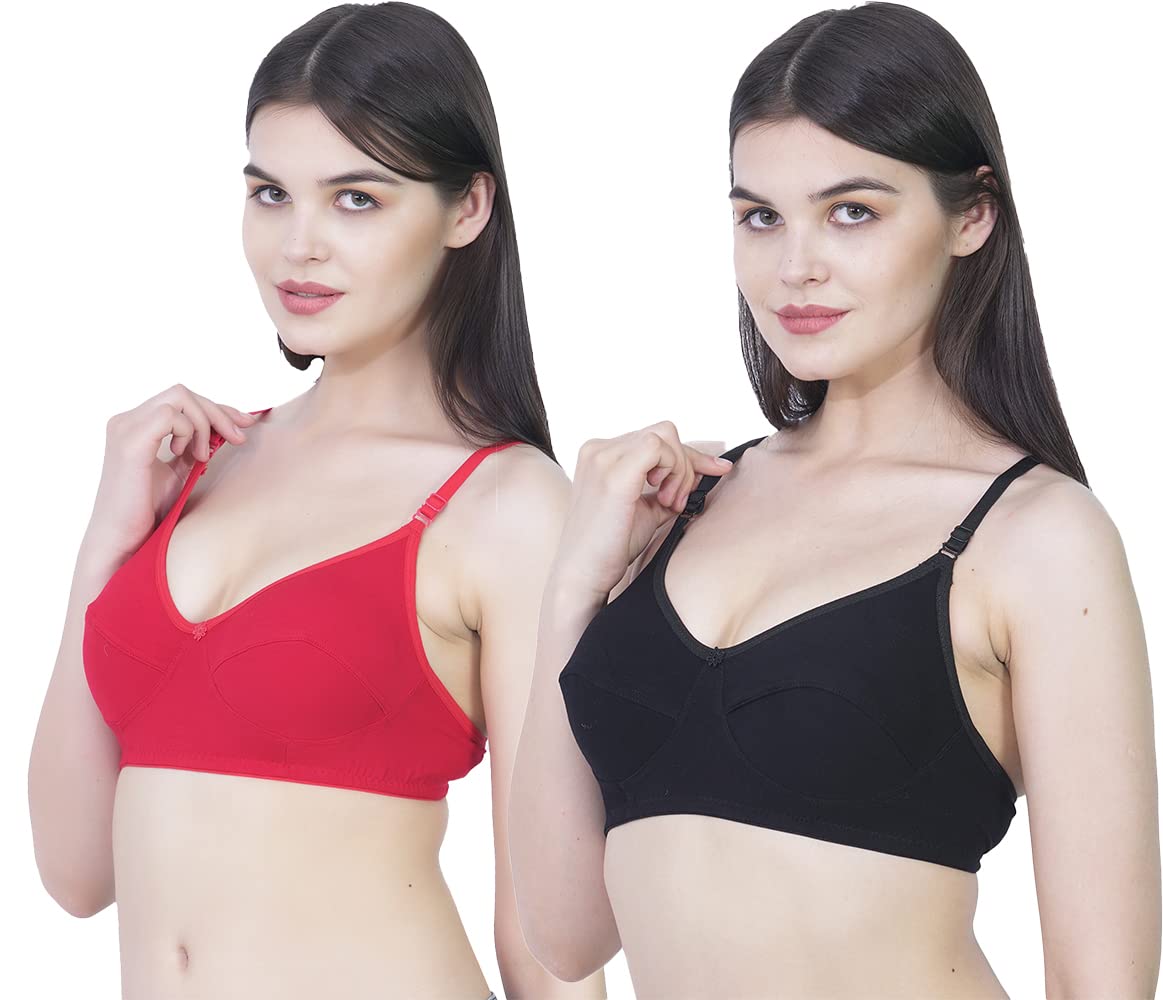 DZ DIVA'ZBeauty Full Cup Wire Free Bra Comfort Women's Transparent Strap Non-Padded Non-Wired Cotton Bra Pack of 2 (38, Red & Black)