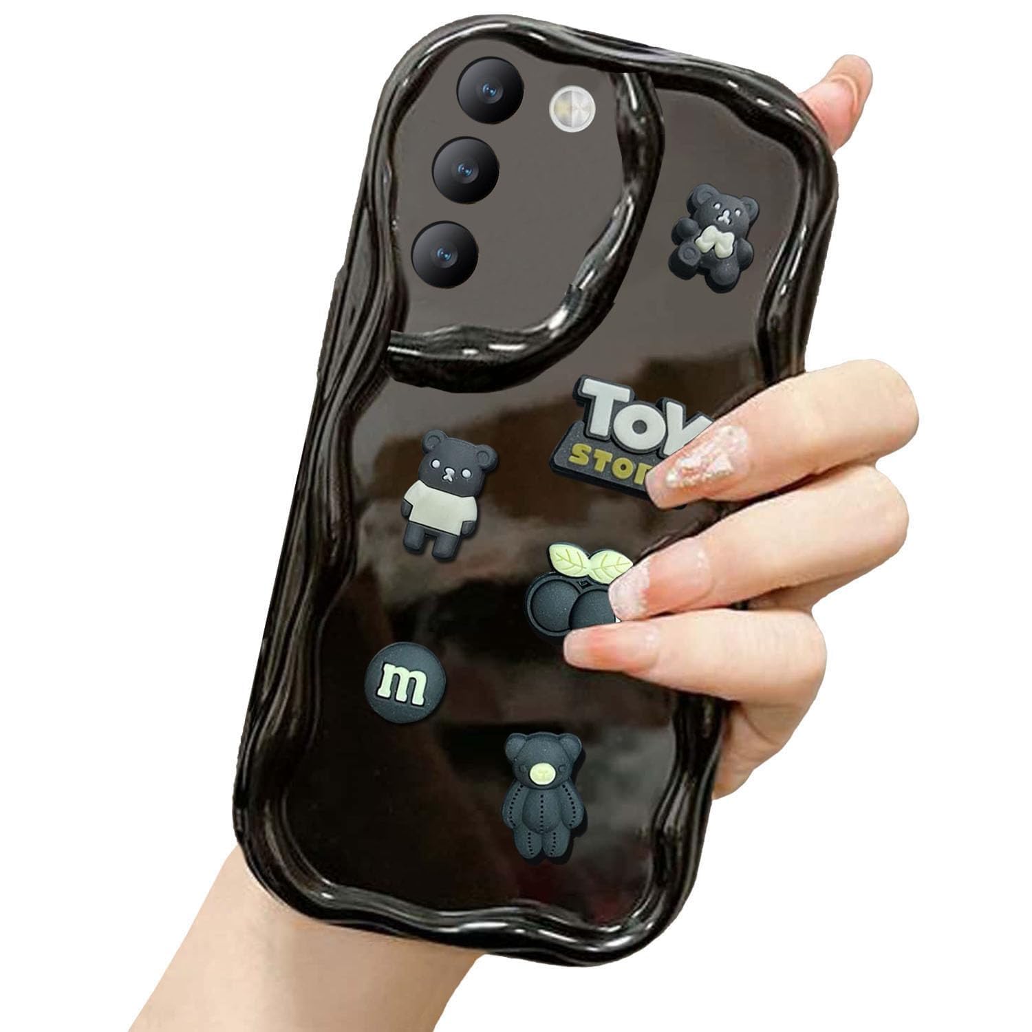 KC Back Cover for Vivo Y200e 5G - 3D New Curly Wave Cartoon Characters and Cherry Shockproof Soft Bumper Silicone Case with Camera Protection (Black) (B0D9FF3NW8) Amazon Price History, Amazon Price Tracker