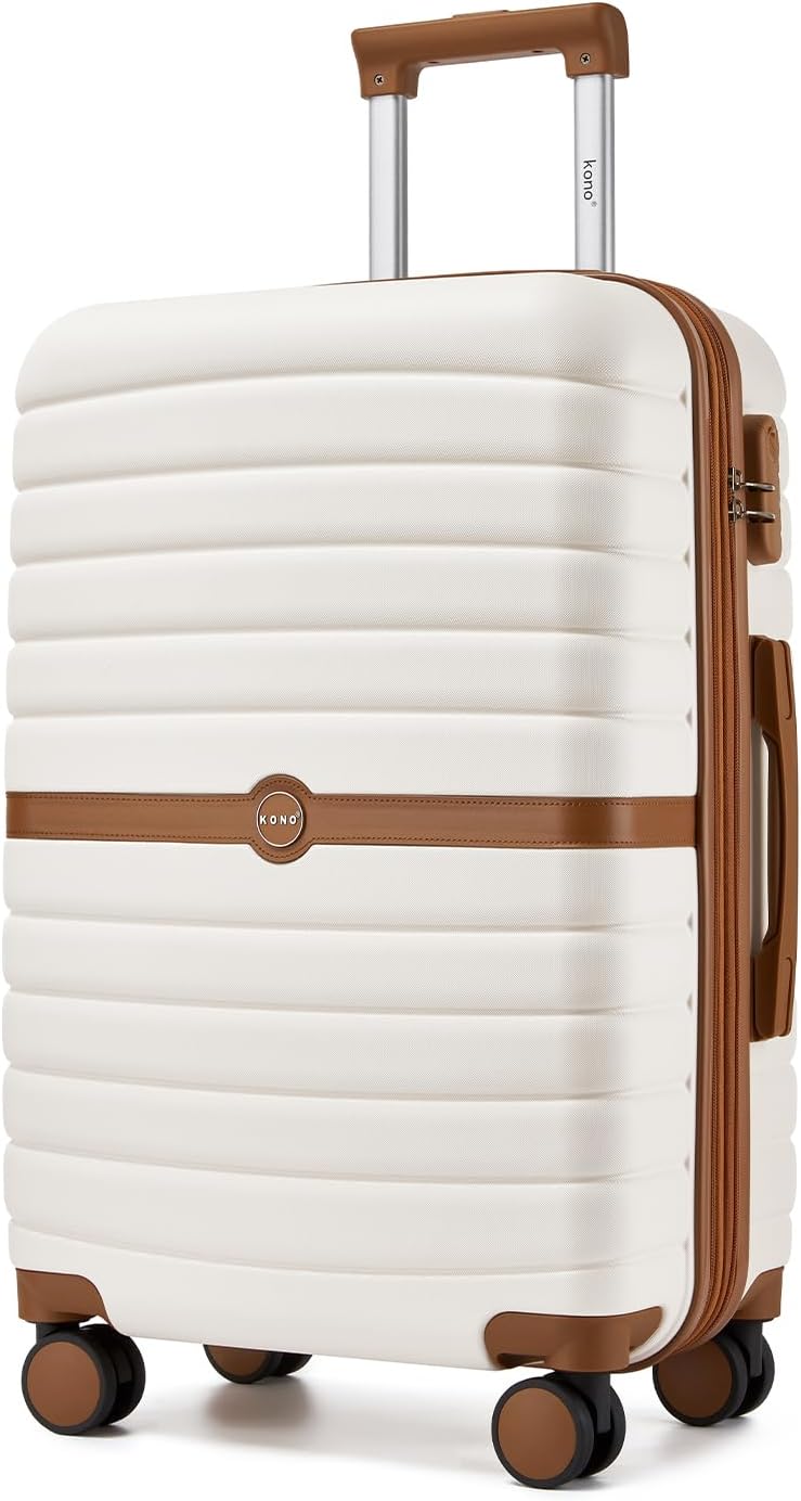 Kono Expandable 24 Inch Luggage with Spinner Wheels, Medium Checked Luggage with Lock, Lightweight & Anti-Scratch PC+ABS Hardshell Travel Suitcase, White/Brown
