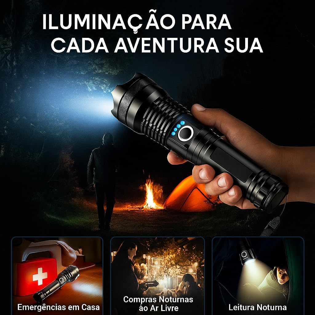 Lanterna Tática T9 LED P50 Recarregável USB – Super Potente com Zoom Ajustável para Trilhas, Vigilância, Acampamento e Caça Linha Premium