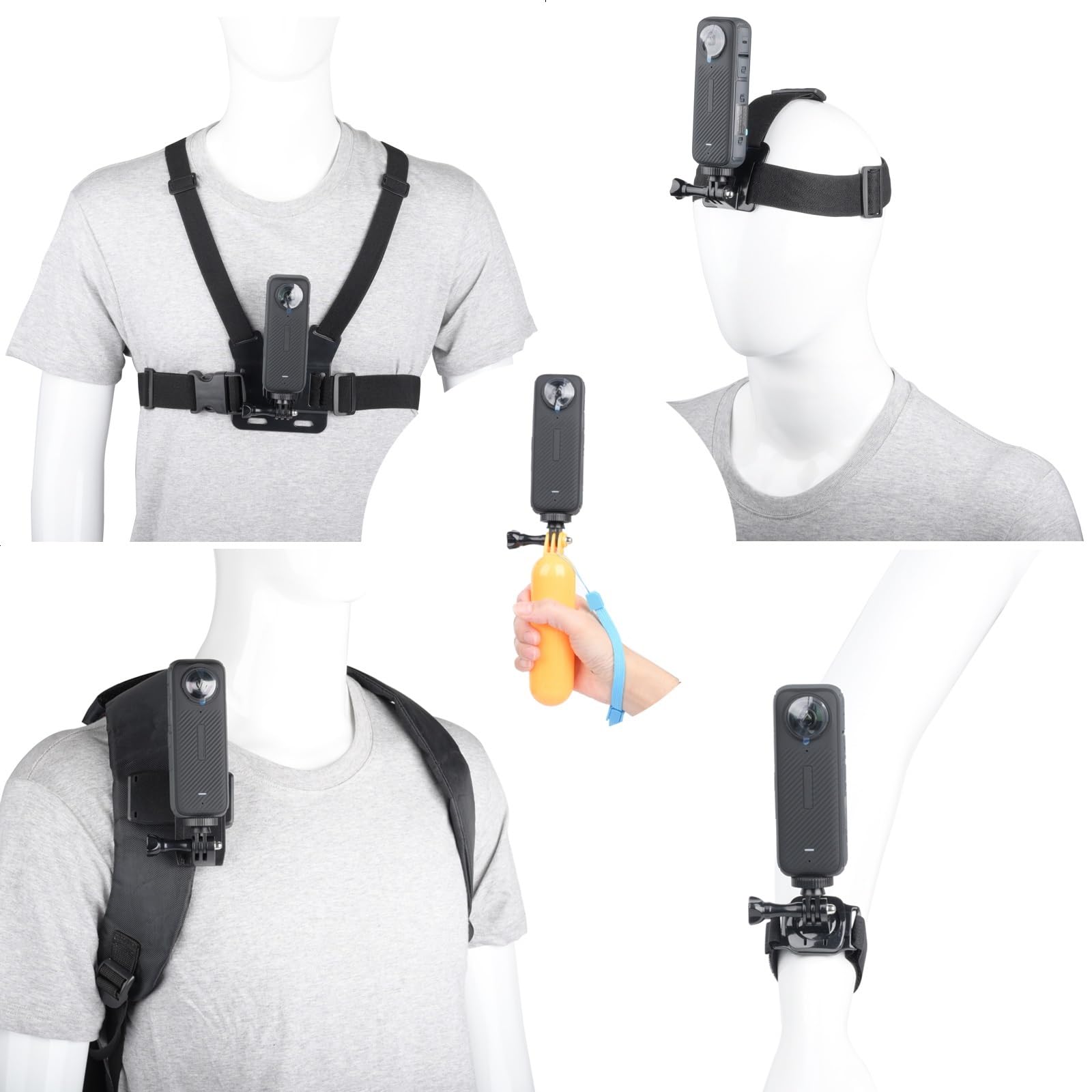 10 en 1 Kit caméra d'action,pour Insta360 X5/X4 Air/X4/X3/Ace Pro, Harnais Telephone, Fixation Bandeau, Fixation Poignet,Clip de Sac à Dos, Support Flottant, Compatible avec GoPro Hero,SJCAM