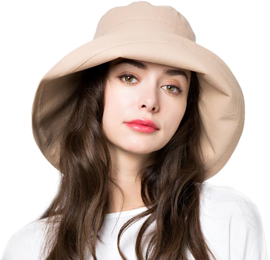 Sun Bucket Hat Women Summer Floppy Cotton Sun Hats Packable Beach Caps SPF 50+ UV Protective (A3-Khaki)