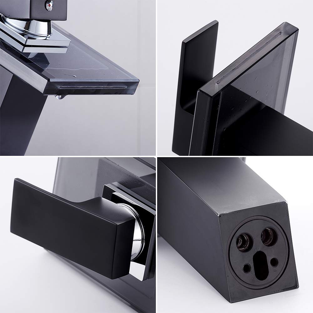 Cascada lavabo fregadero grifo cromado moderno baño palanca grifo vidrio sola manija lavabo grifo negro