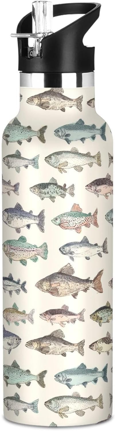 Sport Water Bottle 20 oz Vintage Fishes Kids Stainless Steel Vacuum Insulated Water Flask for Gym School