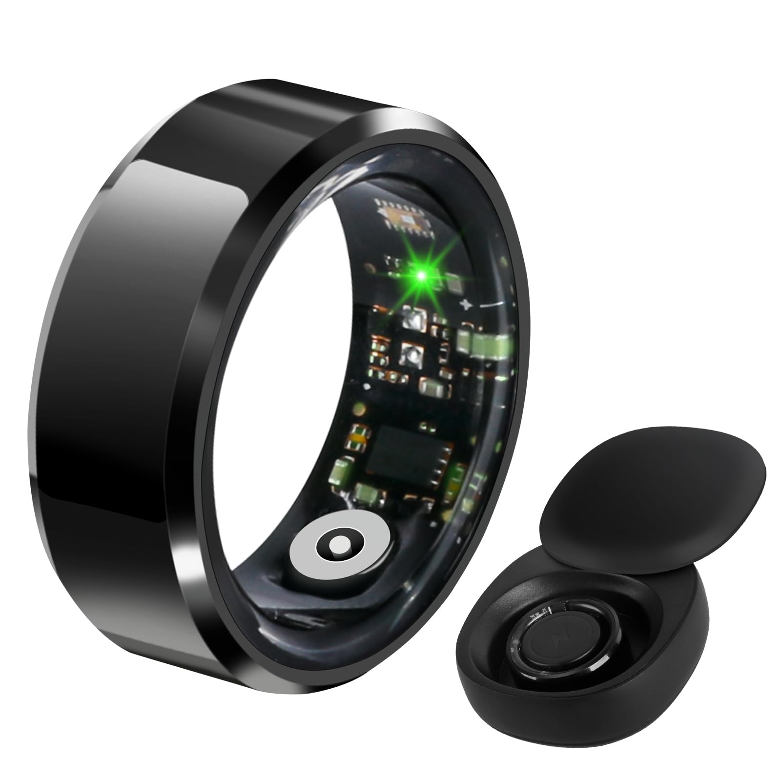 Roadtime Smart Ring Heart Rate Monitor Blood Pressure Sleep Tracker Blood Oxygen Health Pedometer Step Counter Calories Remote Camera Fitness Ring with Charging Case(Black 8# 18.2mm)