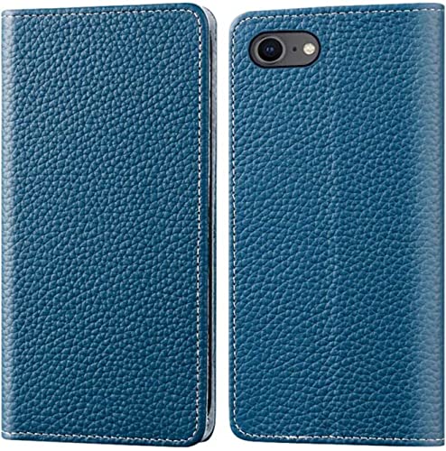 Coque iPhone SE 2022 cuir litchi bleu KANUZ premium à rabat magnétique