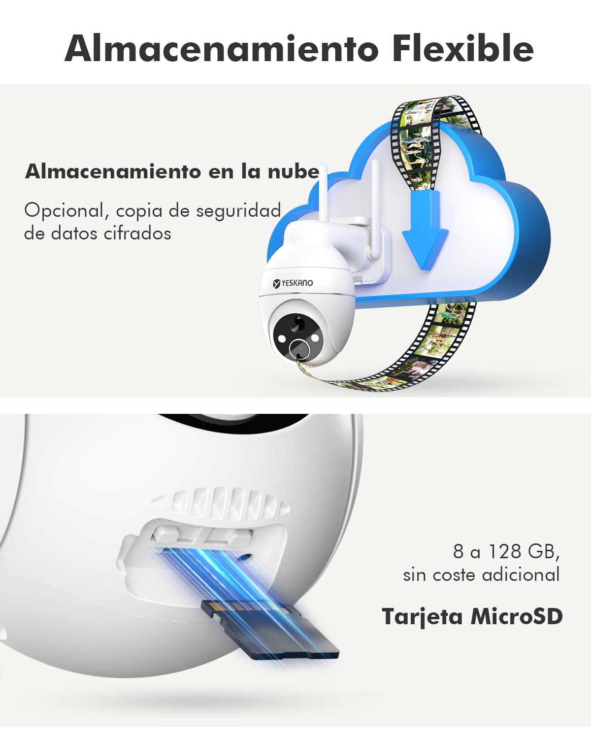 YESKANO 2K Camara Vigilancia WiFi Exterior Solar con Bateria, 360°PTZ Camaras de Vigilancia sin Cables con Panel Solar, Visión Nocturna de Color, Detección de IA, PIR Sirena, Voz Bidireccional, IP66