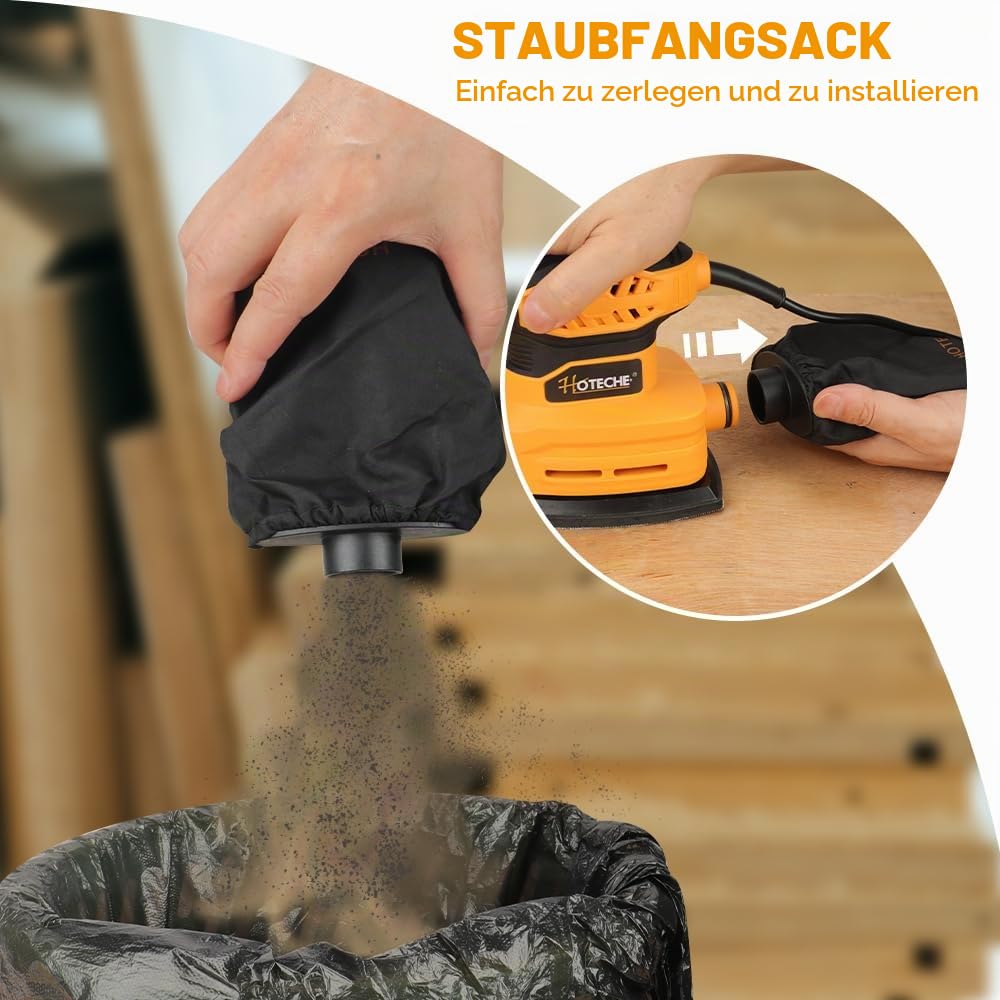 Hoteche 160W Deltaschleifer - Leistungsstarke Schleifmaschine für Holz, Möbel & DIY - 13000rpm, Selbstabsaugung, 140x140x80mm Platte, inkl. Carbonbürsten, 5 Schleifblätter & Staubbeutel