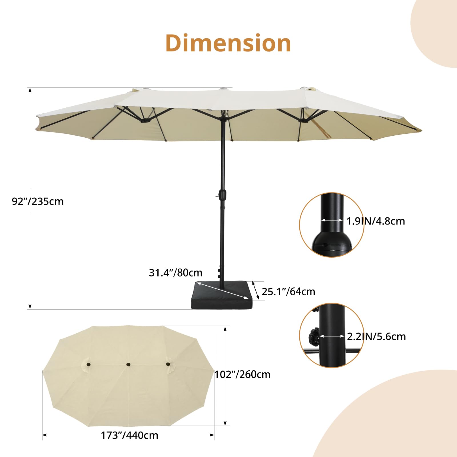 VOWNER Sonnenschirm Doppelseitiger, 4,4mx2,6m, Rechteckig Sonnenschirm mit Kurbel, Sommer Schirm Rechteckig Gartenschirm UV-Schutz, für Terrasse, Garten, Pool, Beige, mit Sonnenschirmhalter + Base
