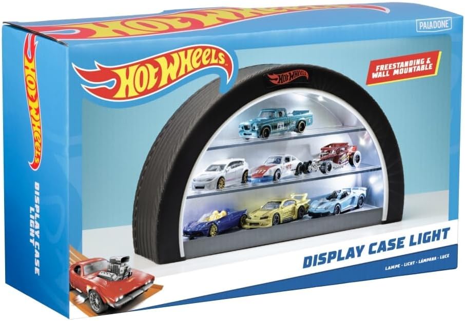 Hot Wheels Display Case Light - Officially Licensed Mattel Merchandise, Light Up Case Holds 8 Cars, Wheel Shaped Wall Mountable or Freestanding, Gift for Collectors