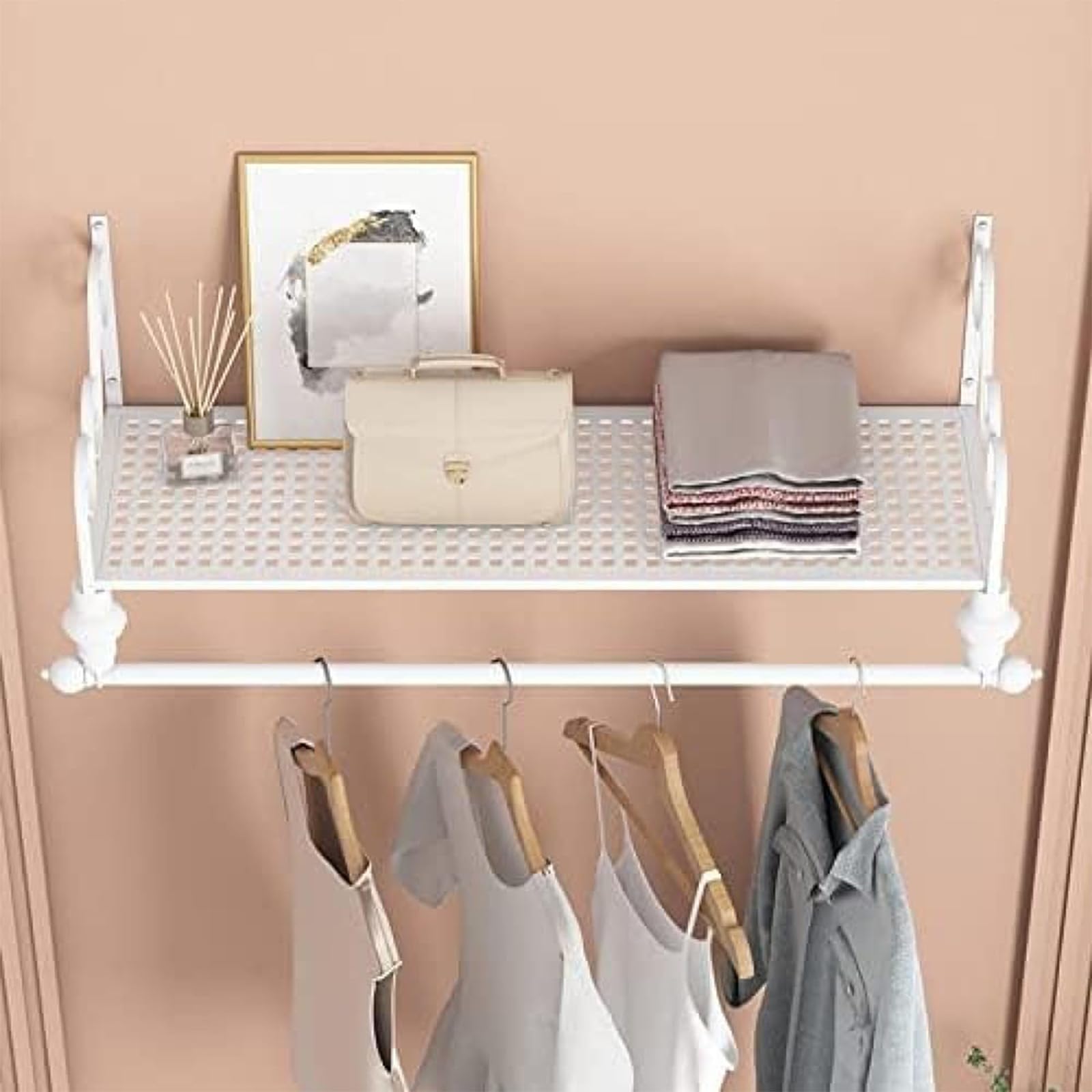 DETMOL Wall-mounted clothes rack with shelf – Versatile storage system for clothing stores and home organization. Robust, space-saving design. Ideal for retail and private use.