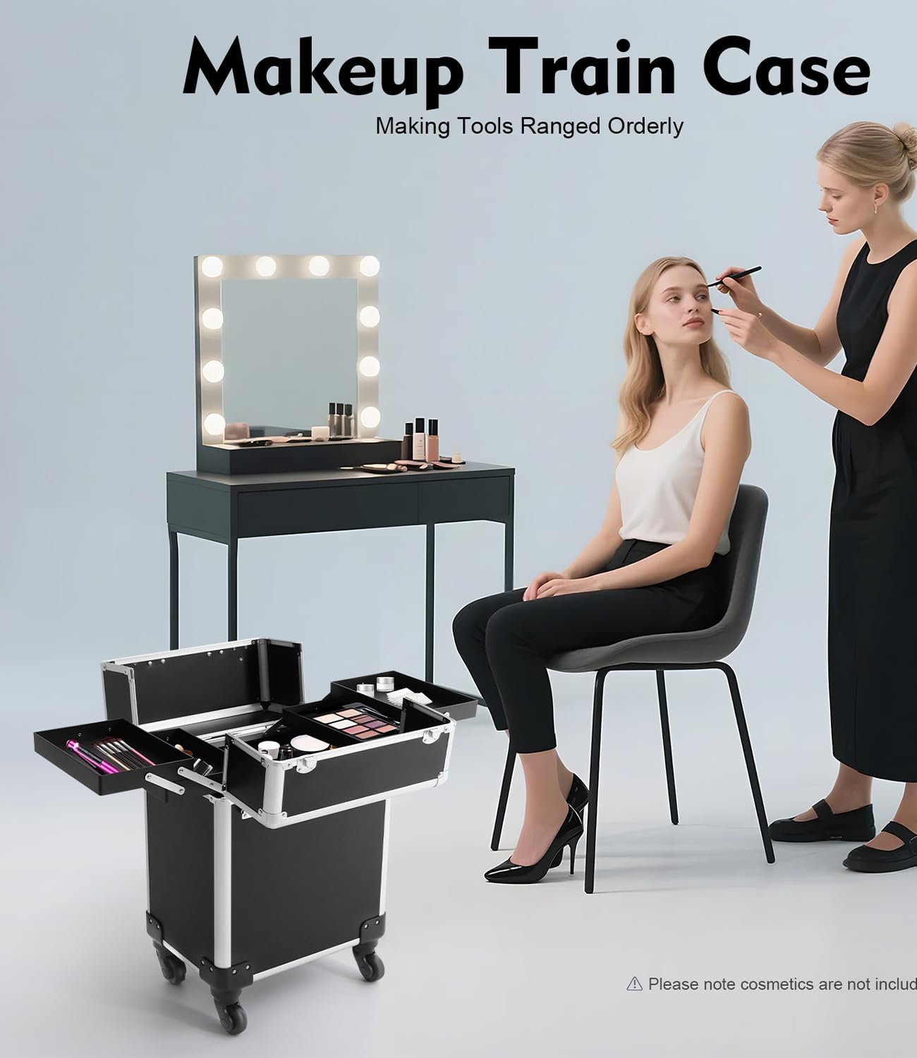 Black Rolling Makeup Case, Professional Cosmetic Box Storage on Wheels, Large Make Up Train Carrying Cases w/4 Organizer Trays, Cosmetic Case Trolley with Locks for Makeup/Nail Art/Hair Styling