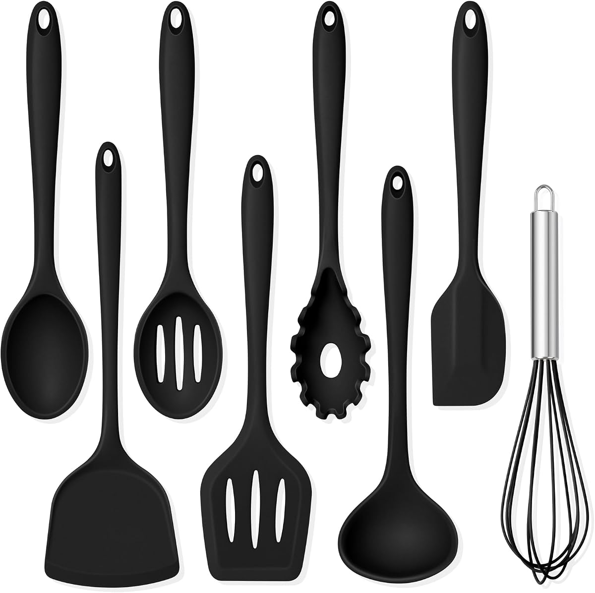 TeamFar Juego de utensilios de cocina de silicona, juego de utensilios de cocina de 8 piezas, negro | Turner, espátula, cuchara, batidor, utensilios de cocina resistentes al calor, 446 °F, para utensilios de cocina antiadherentes, aptos para lavavajillas