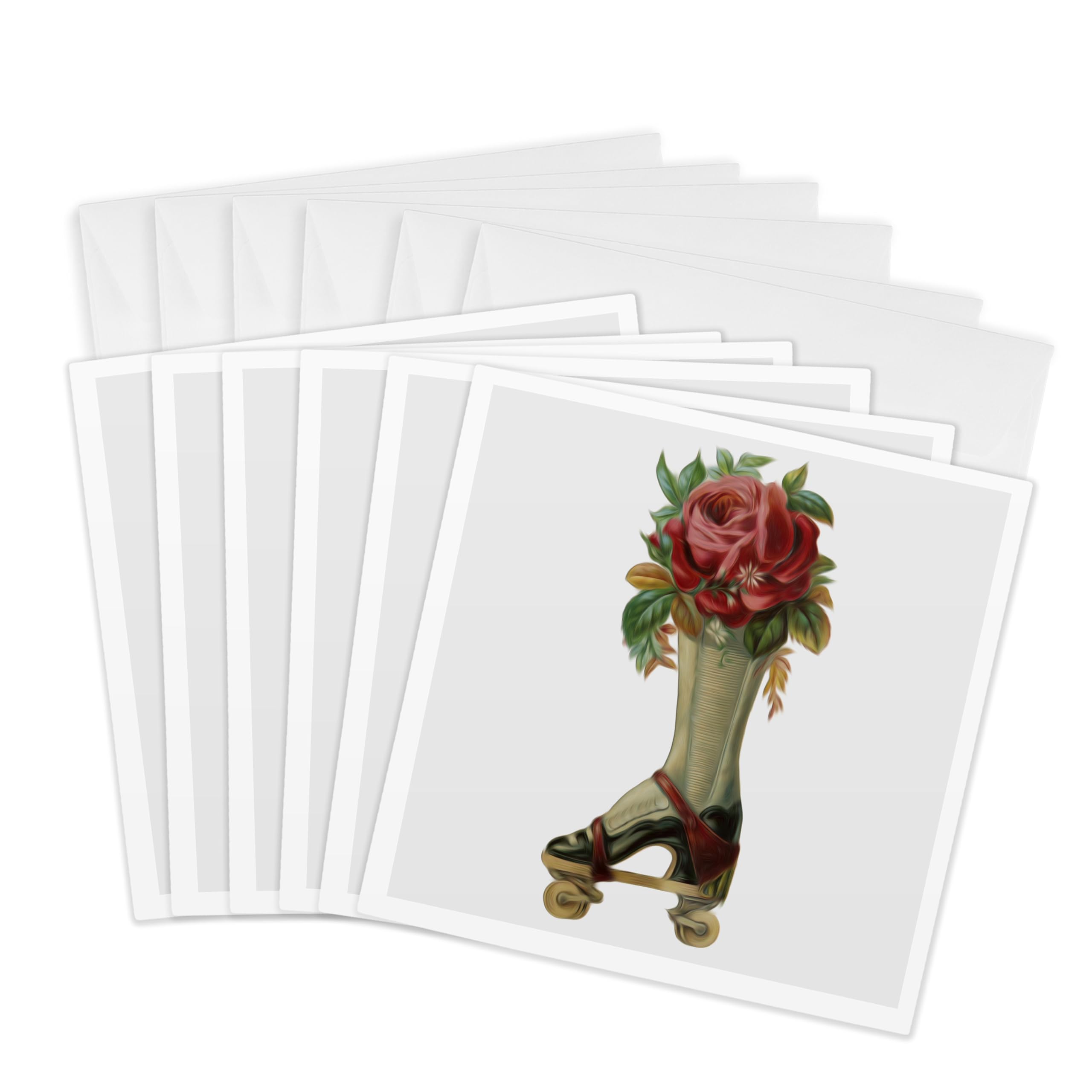 3Drose Vintage Steampunk Victorian Lady Boot Roller Skate with Red Rose Bouquet - Greeting Cards, 6 by 6-inches, Set of 6 (gc_104671_1)