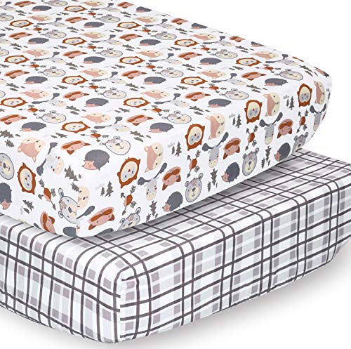Image of The Peanutshell Crib Sheet Set for Baby Boys or Girls | Woodland Creatures and Grey Plaid | 2 Pack Set