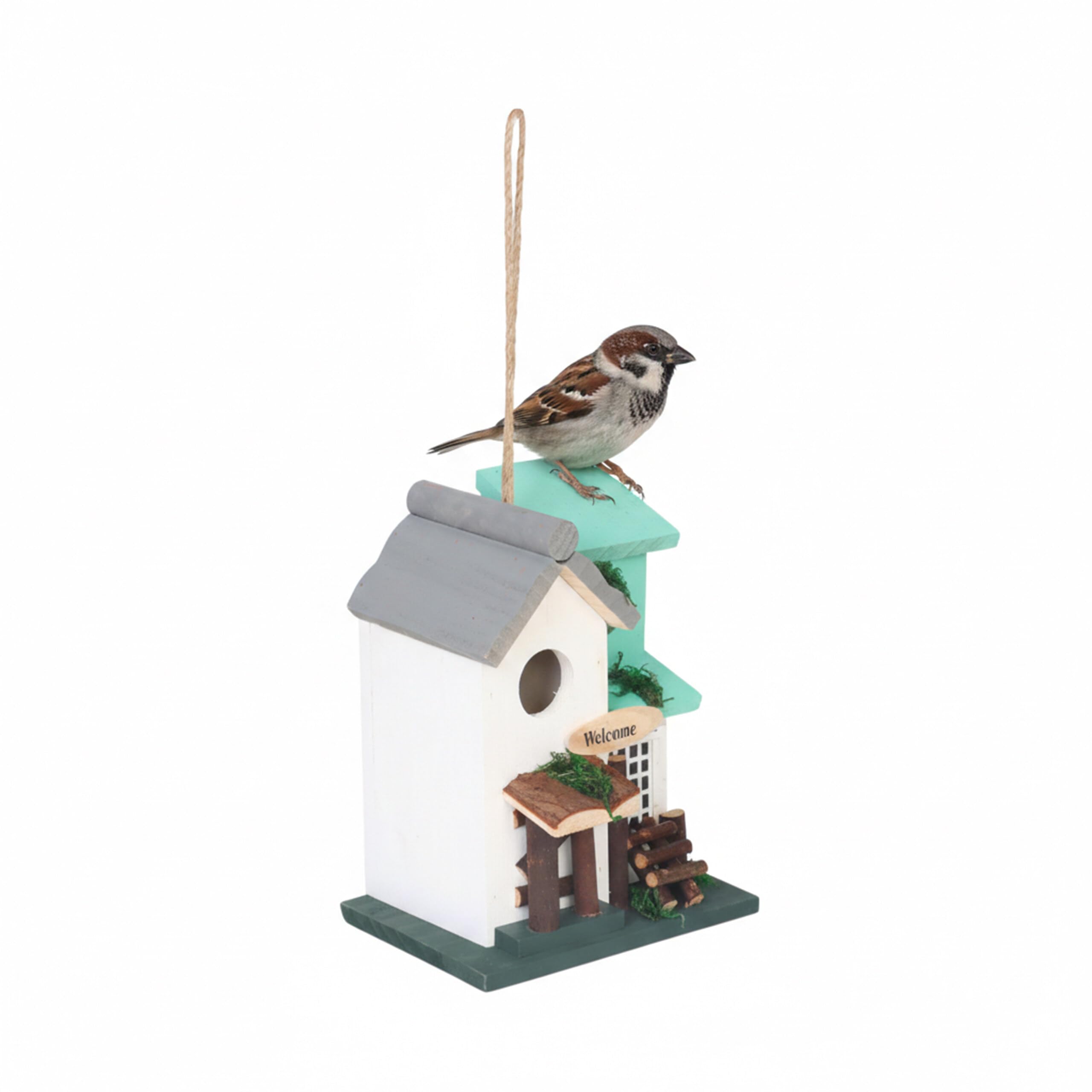 Nichoir déco champêtre multicolore en bois avec suspension intégrée