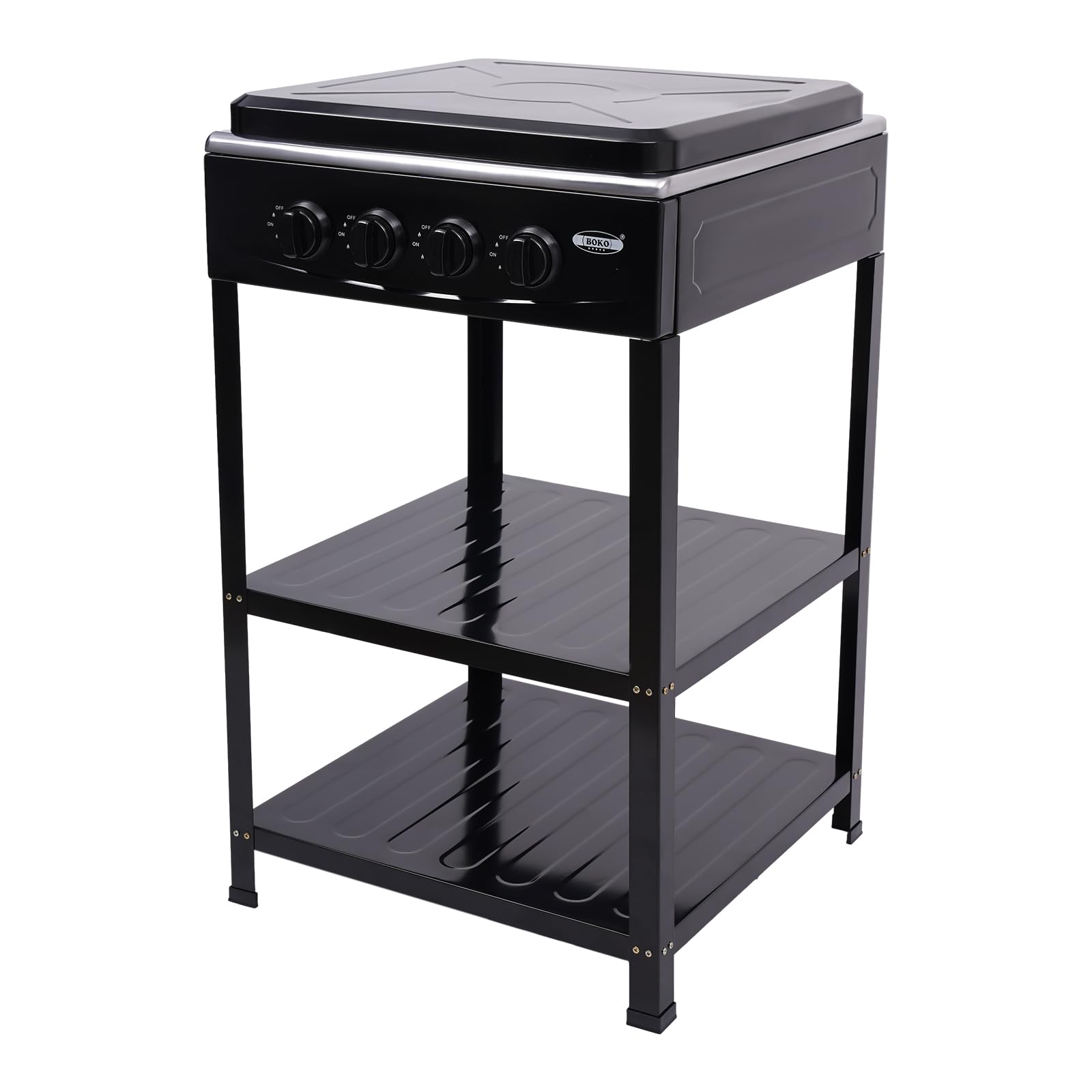 Countertop Natural Gas Stove 4 Burner, Commercial Kitchen Cooking Stove Set with Adjustable Fire Control & Cover, Free Standing 2-Tier Storage Rack for Apartments, Outdoor, Rvs