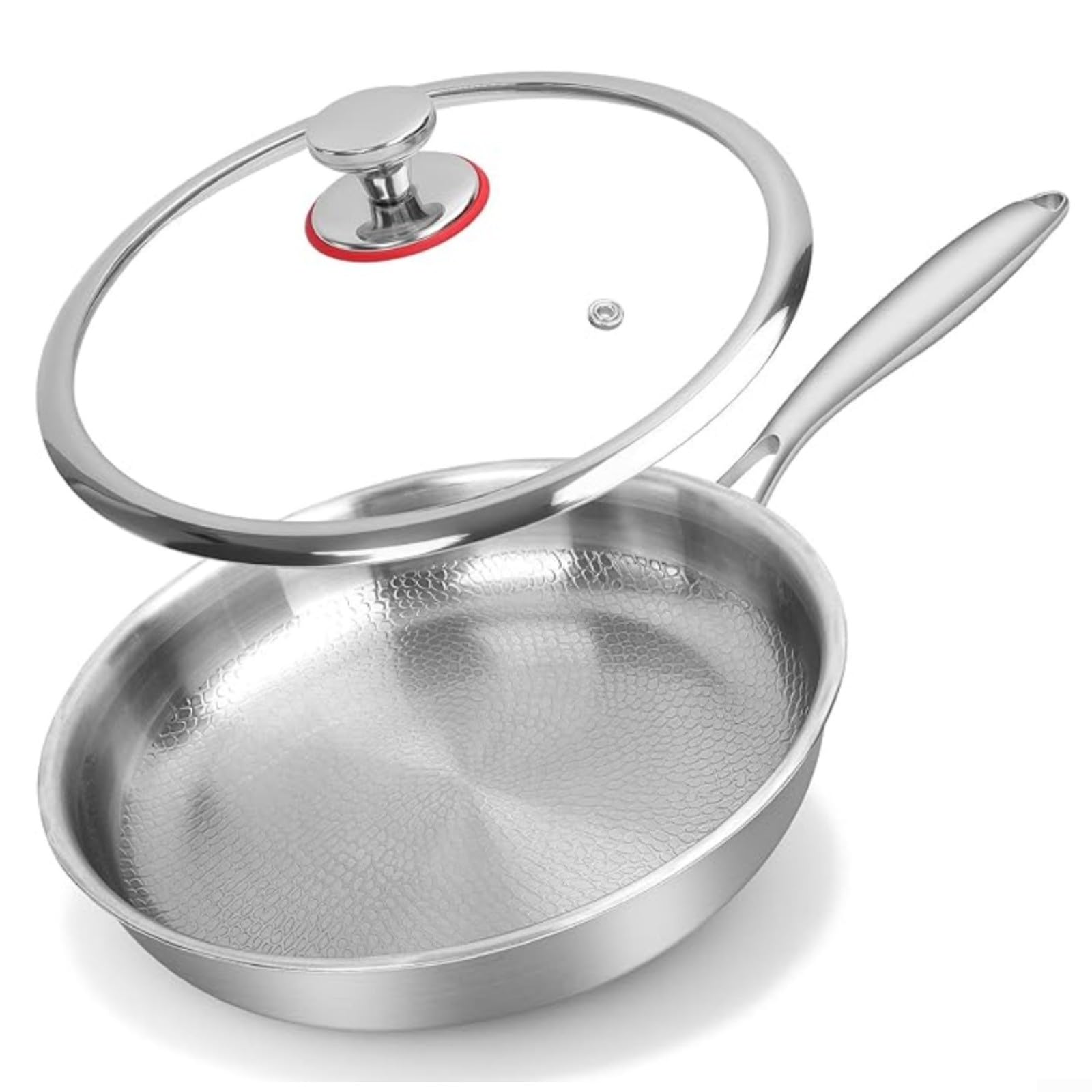 Sartén de titanio con tapa, superficie martillada, antiadherente, apta para todo tipo de cocinas, inducción, gas, fácil de limpiar, duradera (28 cm con tapa)