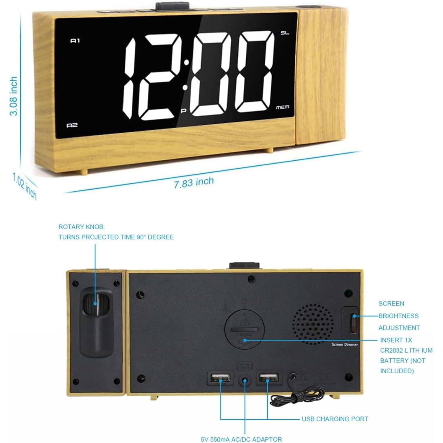 Budzik LED z projektorem obrotowym o 180°, wyświetlacz 1,8 cala, podwójny alarm, regulowana jasność, format 12/24 godzin, do domu i biura