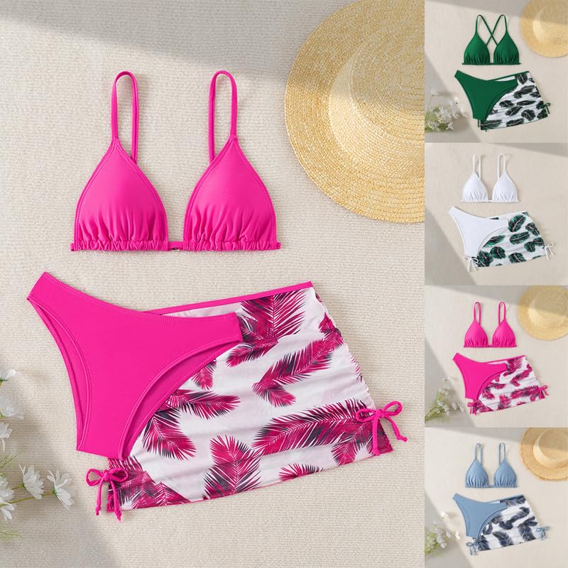 Girls 3 Piece Swimsuit Tropical Print Bikini with Drawstring Beach Skirt Cute Ruched Bathing Suit 6-14Y2