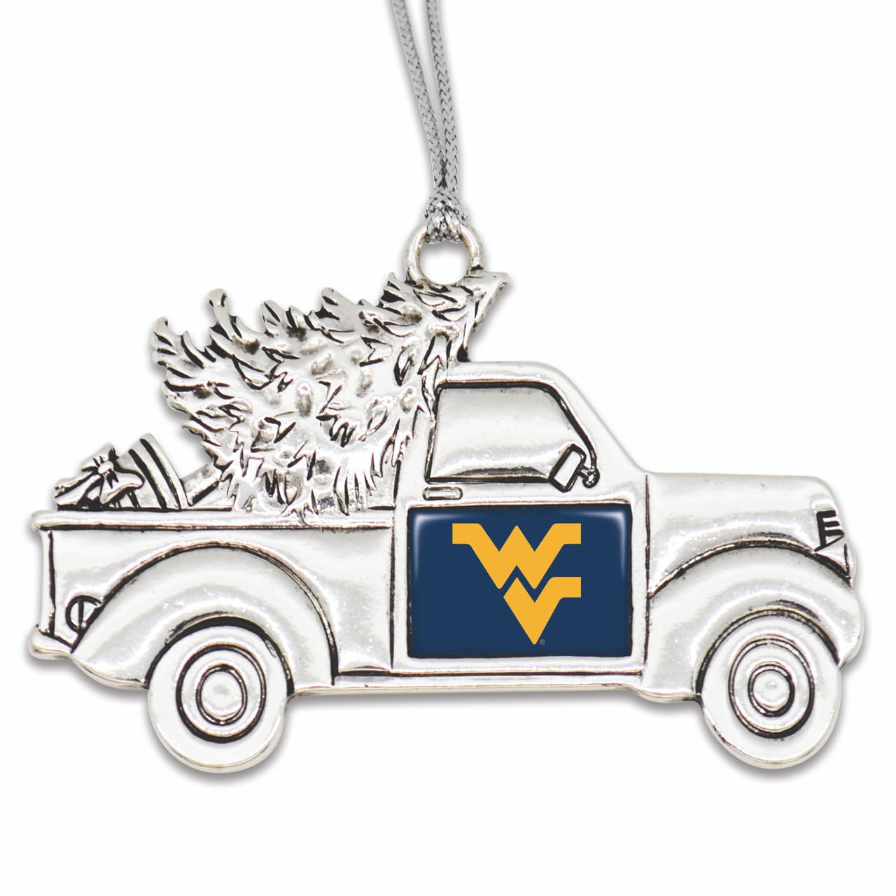 West Virginia Mountaineers Vintage Truck Ornament with Team Logo Silver Metal Tree Decoration