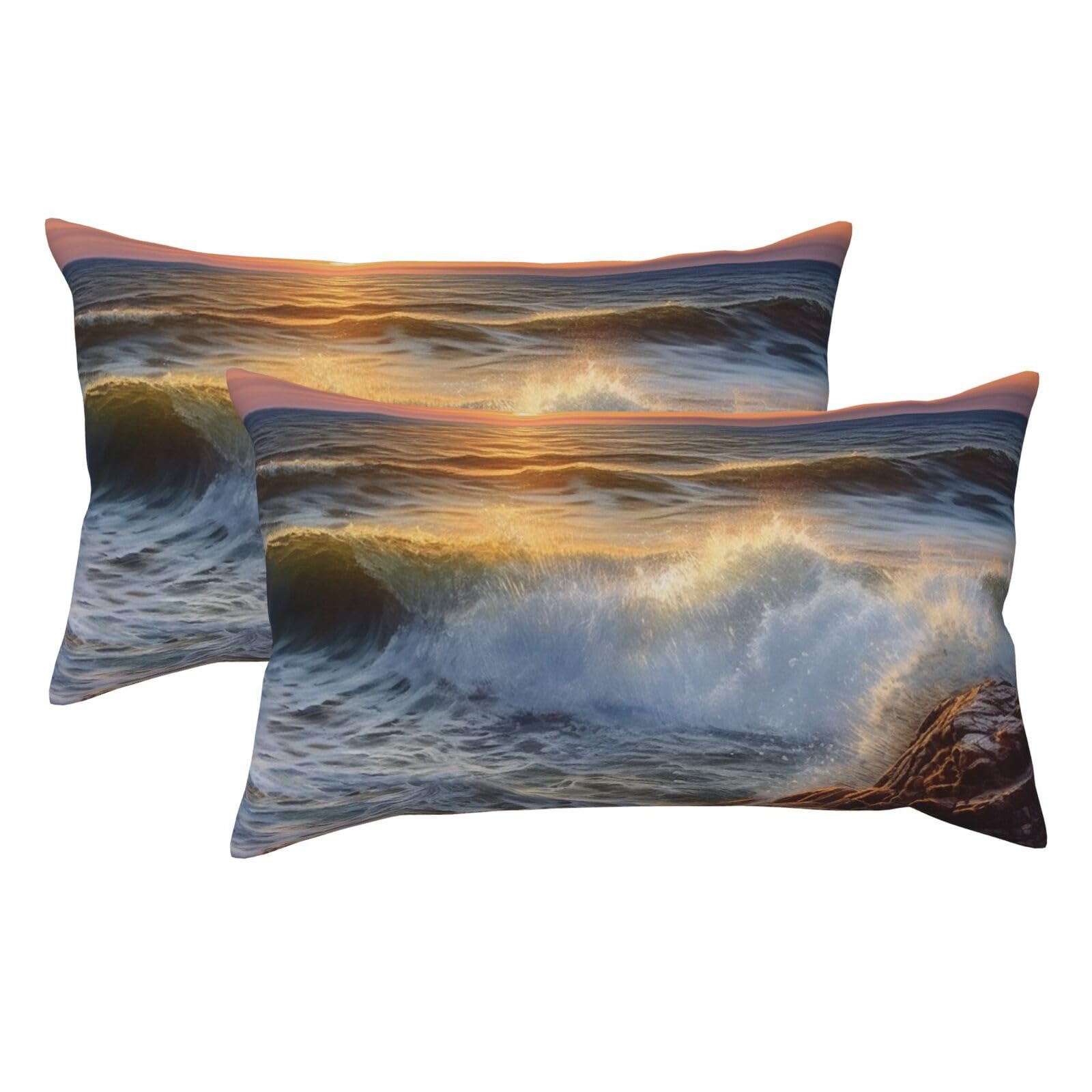 2 Pack King Size Pillow Cases for Hair and Skin Soft Breathable Pillow Case Covers with Hidden Zipper Rocky Wave Sunset Painting Pillowcase 20x36 Inches Pillow Covers for Sleeping Gift