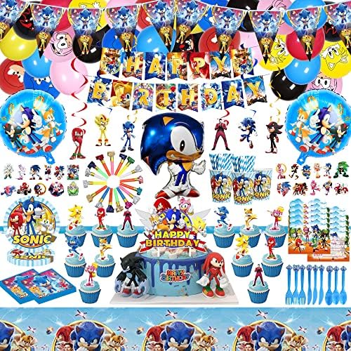 312 PCS Sonic Birthday Occasion Provides for 20 Friends, Sonic the Hedgehog Occasion Decorations, Birthday Decorations included Completely satisfied Birthday Banner, Pennants, Balloons, Tableware, Blowouts, Cake Toppers
