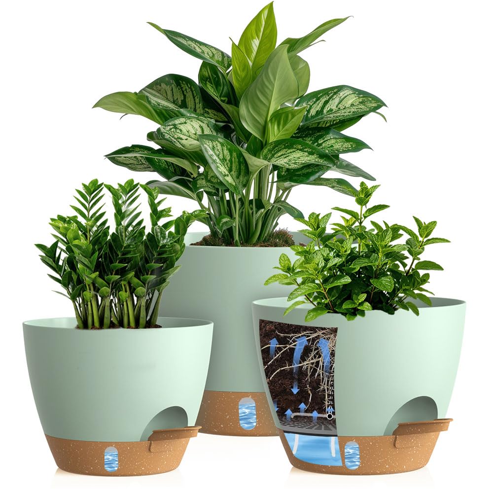 Photo 1 of KUGAZ Self Watering Pots with Drainage Holes, 3 Pack 12/10/8 Inch Plant Pots with Water Level Indicator Deep Reservoir, Large Plastic Planter for Indoor Outdoor Plants - Green Brown