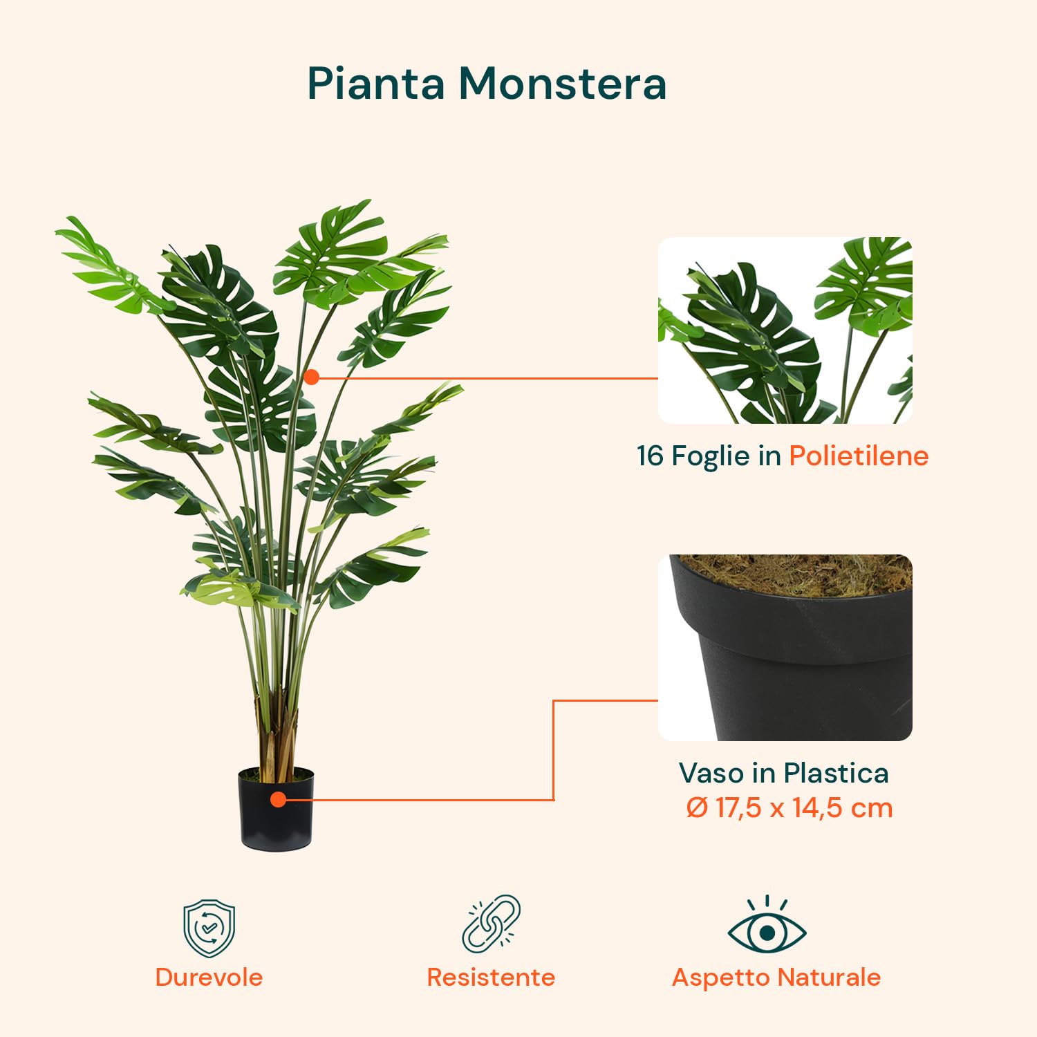 Avilia Künstliche Monstera-Pflanze mit 16 Blättern, 170 cm, Topf mit natürlichem Moos, perfekt für Innenräume, große Kunstpflanze für Wohnzimmer, realistische Zimmerpflanze
