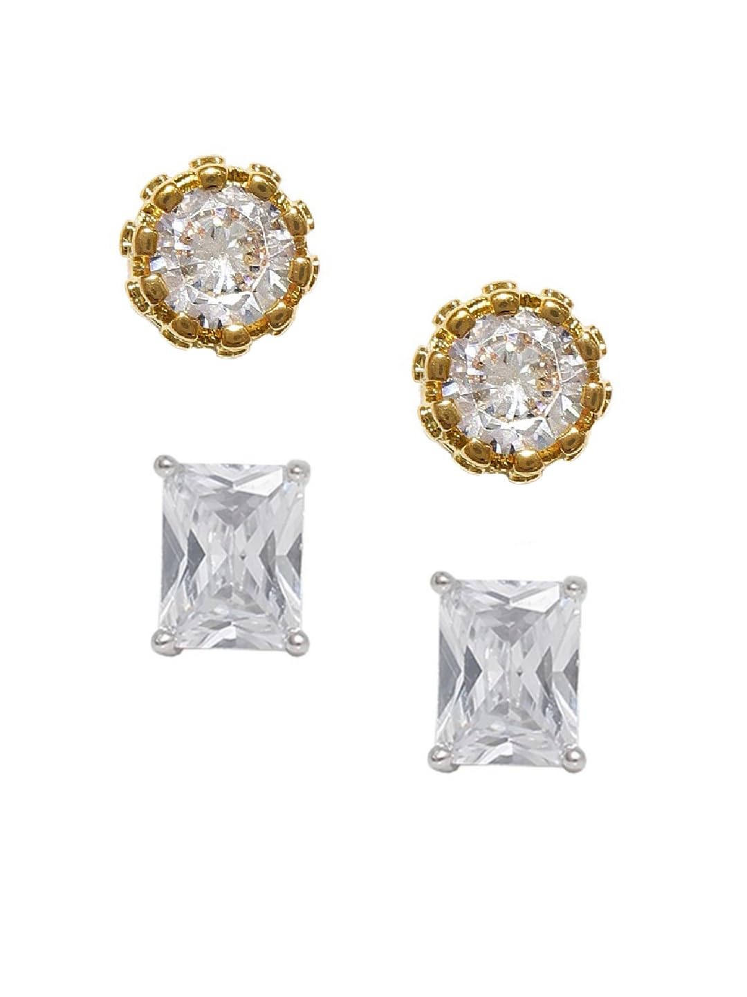 Jewellery Combo of 2 Silver & Gold Stud Earrings - Small Round & Rectangle Cubic Zirconia For Men & Boys (EIS3-PTE495_Z)- For Men & Boys Stylish Latest-image-24