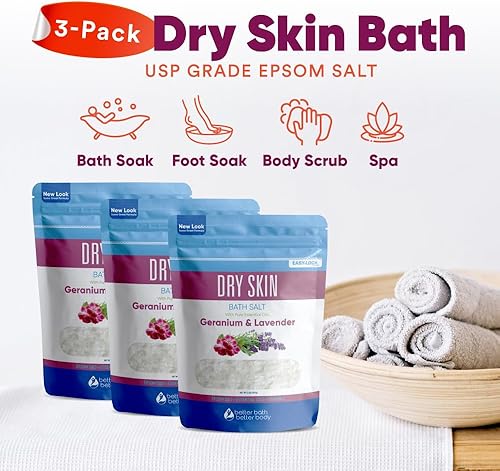 Miniatura 5 de Sal de baño para piel seca (paquete de 3 con cuchara) Sal de Epsom calmante para la piel con aceites esenciales puros en bolsa sin BPA con sello de